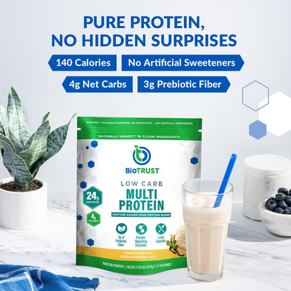 BioTrust Low Carb Protein Powder – Vanilla (3-Pack) | Grass-Fed Whey & Casein Blend