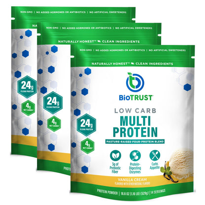 BioTrust Low Carb Protein Powder – Vanilla (3-Pack) | Grass-Fed Whey & Casein Blend