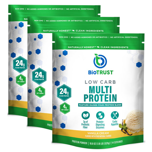 BioTrust Low Carb Protein Powder – Vanilla (3-Pack) | Grass-Fed Whey & Casein Blend