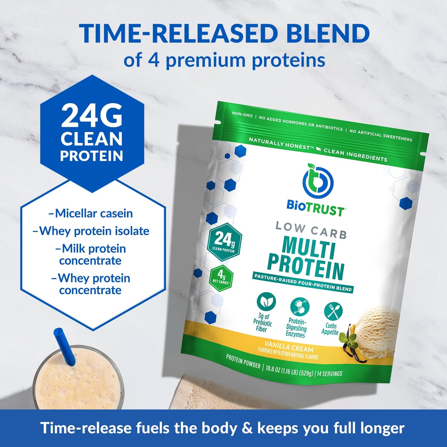 BioTrust Low Carb Protein Powder – Vanilla (3-Pack) | Grass-Fed Whey & Casein Blend