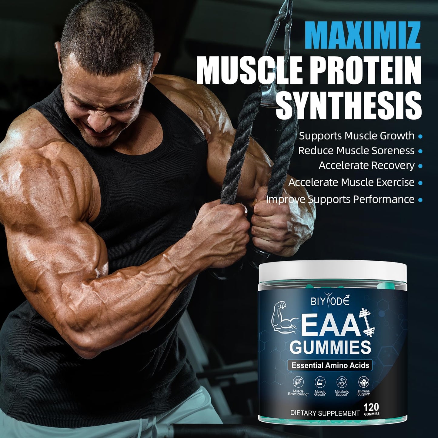 BIYODE EAA Gummies – Essential Amino Acids + BCAAs for Muscle Support (Sugar-Free Blue Raspberry, 120 Gummies)