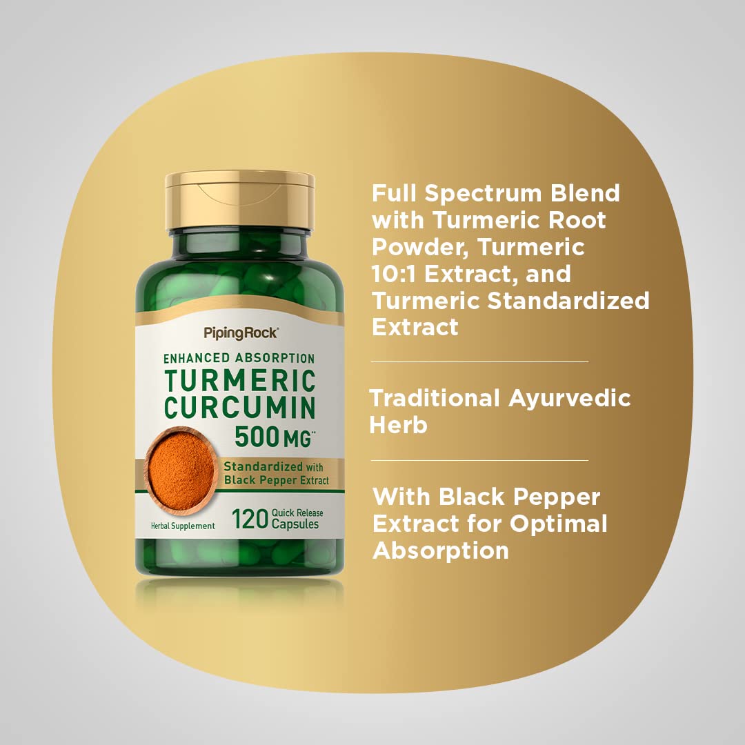 Piping Rock Turmeric Curcumin with Black Pepper 500mg | 120 Capsules | Non-GMO, Gluten Free