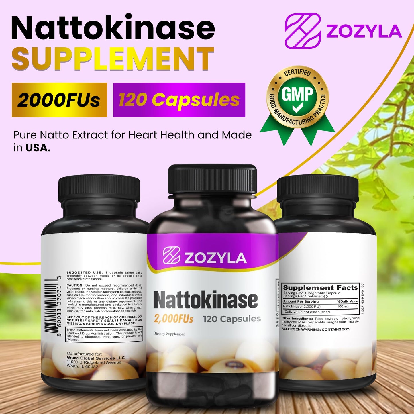 ZOZYLA Nattokinase 2000 FU Supplement – 120 Capsules – Natto Extract for Blood Flow – Non-GMO, Gluten Free, Vegan – Made in USA
