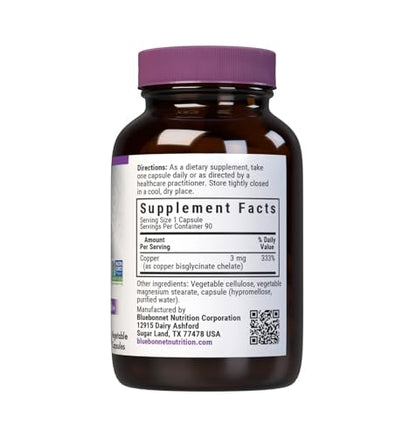 Bluebonnet Albion Chelated Copper 3 mg - Nervous System & Immune Health | 90 Veg Capsules