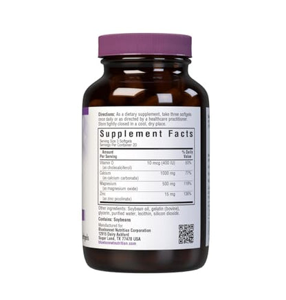 Bluebonnet Calcium Magnesium Zinc + Vitamin D3 Softgels, 60 Softgels, Gluten-Free
