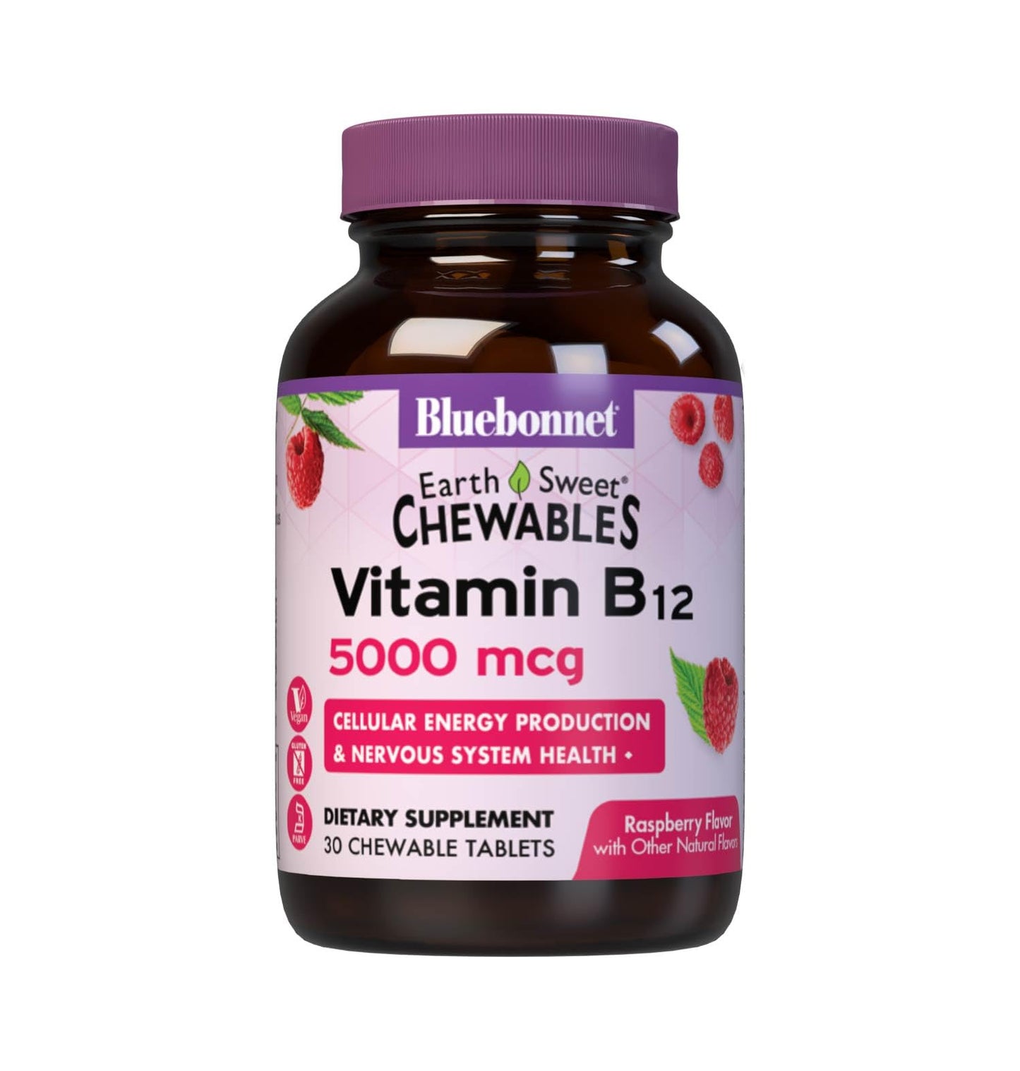 Bluebonnet EarthSweet Vitamin B12 5000 mcg Chewable Raspberry – Vegan, Kosher, Gluten-Free