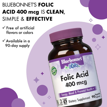 Bluebonnet Folic Acid 400 mcg - Prenatal & Postnatal Health, Non-GMO, Vegan