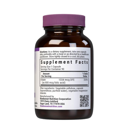 BlueBonnet Nutrition Folic Acid 800 mcg Vegetable Capsules – Non-GMO, Vegan, Kosher, Gluten-Free