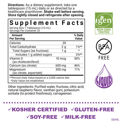 Bluebonnet Nutrition Liquid Calcium Magnesium Citrate with Vitamin D3 - Raspberry Flavor, 16 fl oz | 32 Servings | Gluten Free, Soy Free, Kosher