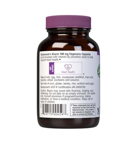 Bluebonnet Niacin 100mg Vitamin B3 Nicotinic Acid - Heart Health Support for Women & Men* - Non-GMO, Vegan, Kosher, Gluten-Free, Soy-Free, Dairy-Free Flush Niacin Supplement - 90 Vegetable Capsules