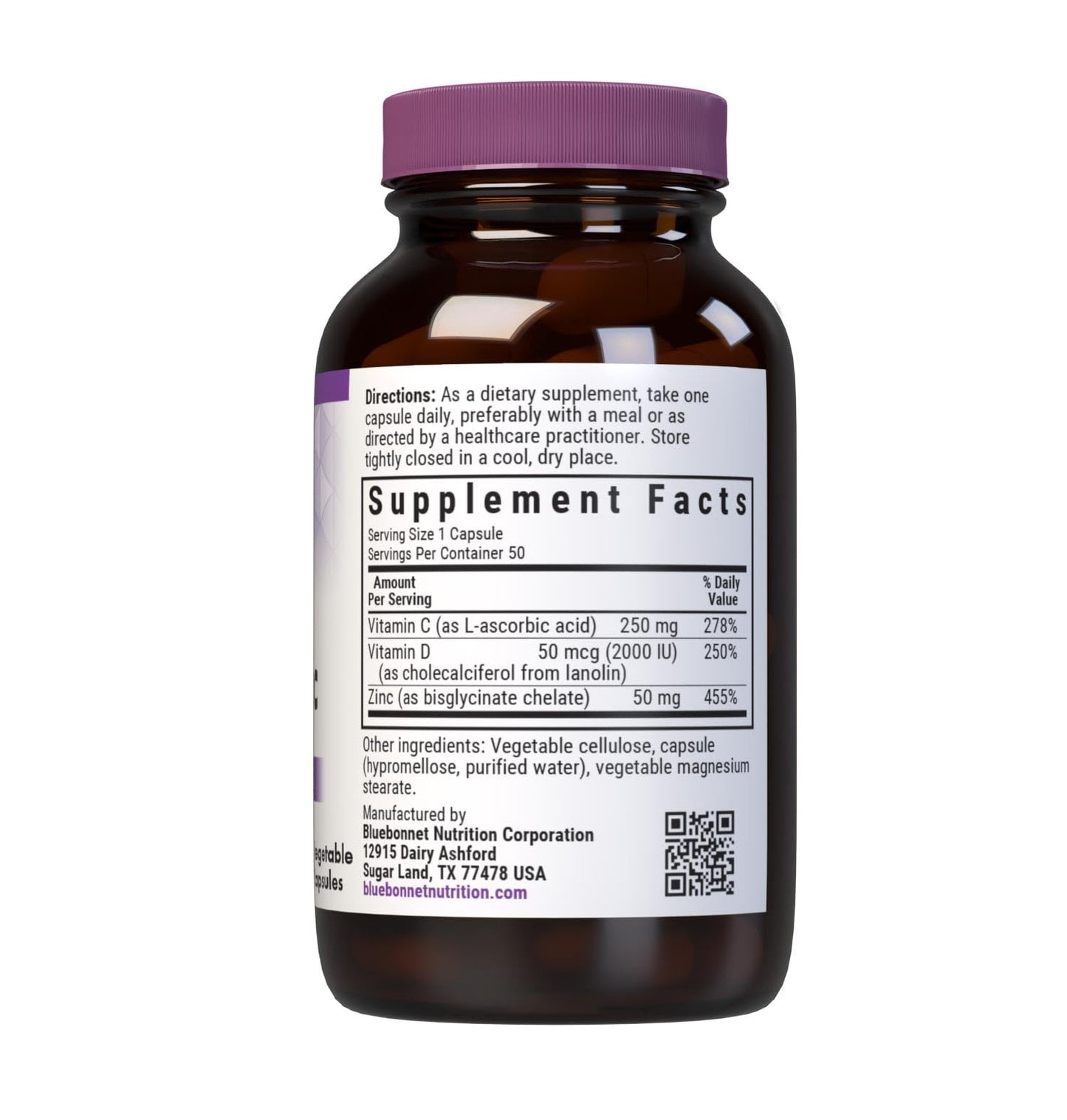 BlueBonnet Nutrition Vitamin C, D3 & Zinc – Immune Health* | Non-GMO, Kosher, Gluten-Free, Soy-Free, Dairy-Free | 50 Vegetable Capsules, 50 Servings