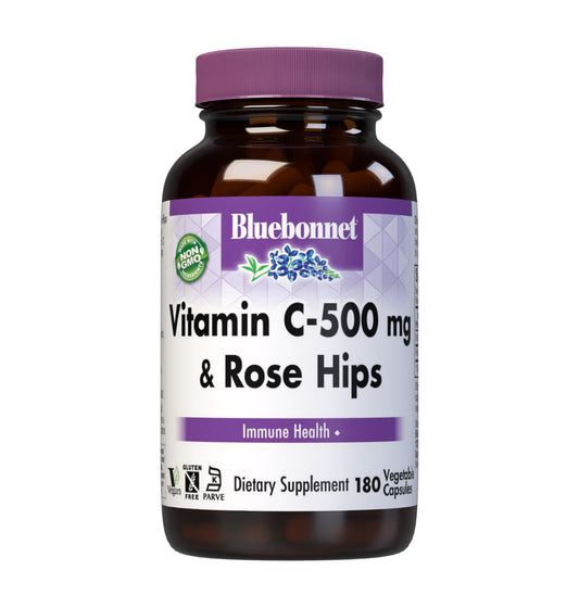 BlueBonnet Vitamin C 500 mg + Rose Hips Veg Capsules - 180 Count