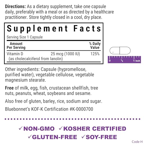 BlueBonnet Vitamin D3 1000 IU – 90 Veg Capsules | Non-GMO, Gluten Free, Kosher