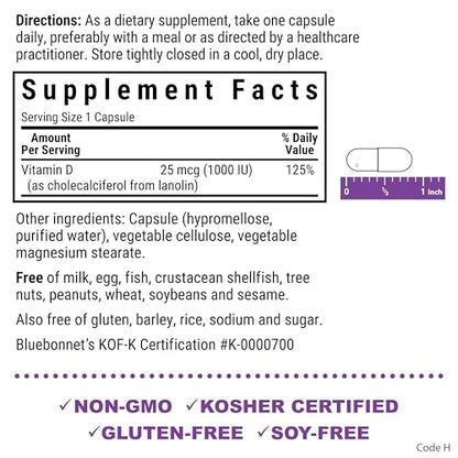 BlueBonnet Vitamin D3 1000 IU – 90 Veg Capsules | Non-GMO, Gluten Free, Kosher