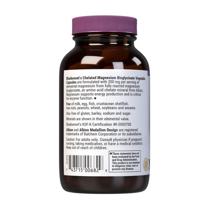 Bluebonnet Albion Chelated Magnesium 200 mg - 60 Veg Capsules, Vegan, Non-GMO