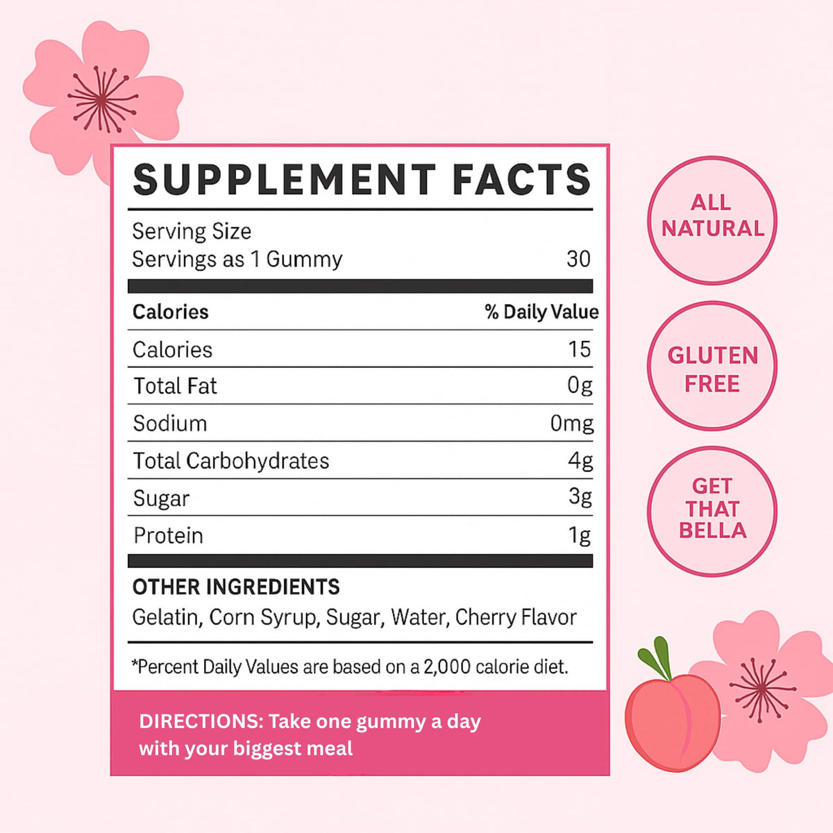 Bodied by Bella Butt Gummies – Natural Booty Gummies, Plant-Based Butt Enhancer (30 Ct) Peach Shake