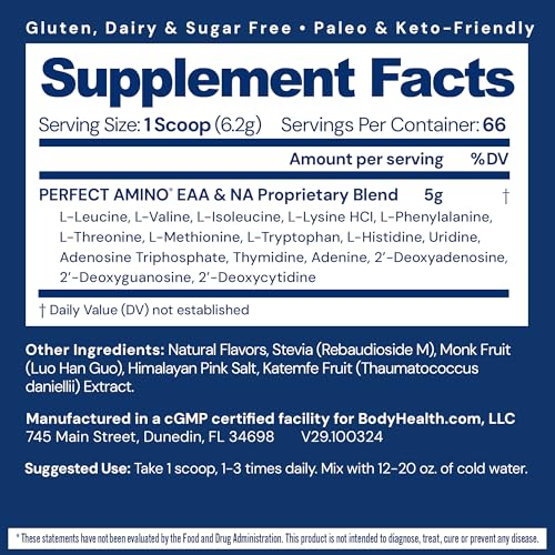 BodyHealth PerfectAmino Powder – NSF Certified BCAA & EAA for Pre & Post Workout | Vanilla, 66 Servings