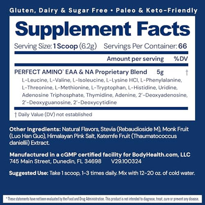 BodyHealth PerfectAmino Powder – NSF Certified BCAA & EAA for Pre & Post Workout | Vanilla, 66 Servings