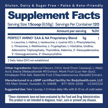 BodyHealth PerfectAmino Powder – BCAA & EAA for Pre & Post Workout | Mixed Berry, 120 Servings