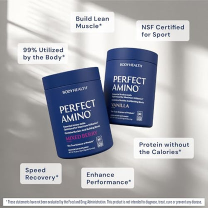BodyHealth PerfectAmino Powder – NSF Certified BCAA & EAA for Pre & Post Workout | Vanilla, 66 Servings