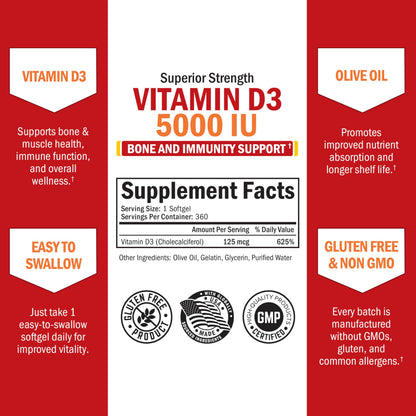 Vitamin D3 5000 IU with Olive Oil - Immune, Bone & Muscle Health
