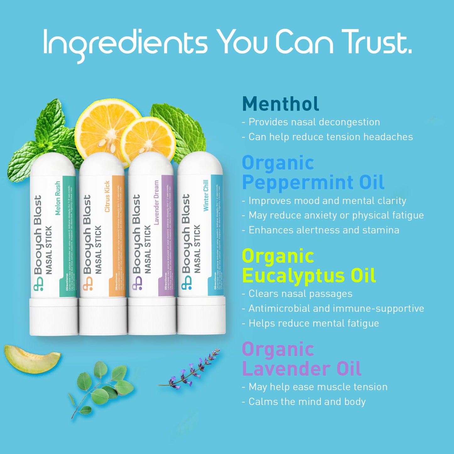 BOOYAH BLAST Nasal Sticks 4-Pack: Winter Chill, Melon Rush, Citrus Kick, Lavender Dream