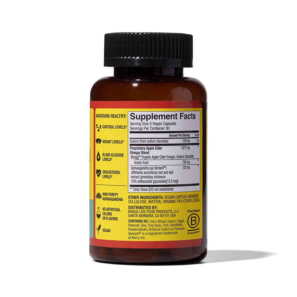 Bragg Daily Balance ACV + Sensoril Ashwagandha Capsules - 750mg Acetic Acid, 90 Pills