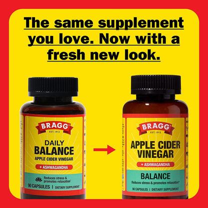 Bragg Daily Balance ACV + Sensoril Ashwagandha Capsules - 750mg Acetic Acid, 90 Pills