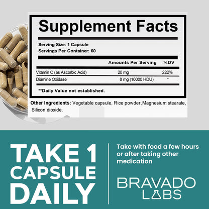 Bravado Labs Histamine Blocker – DAO Enzyme + Vitamin C, 60 Caps, Made in USA