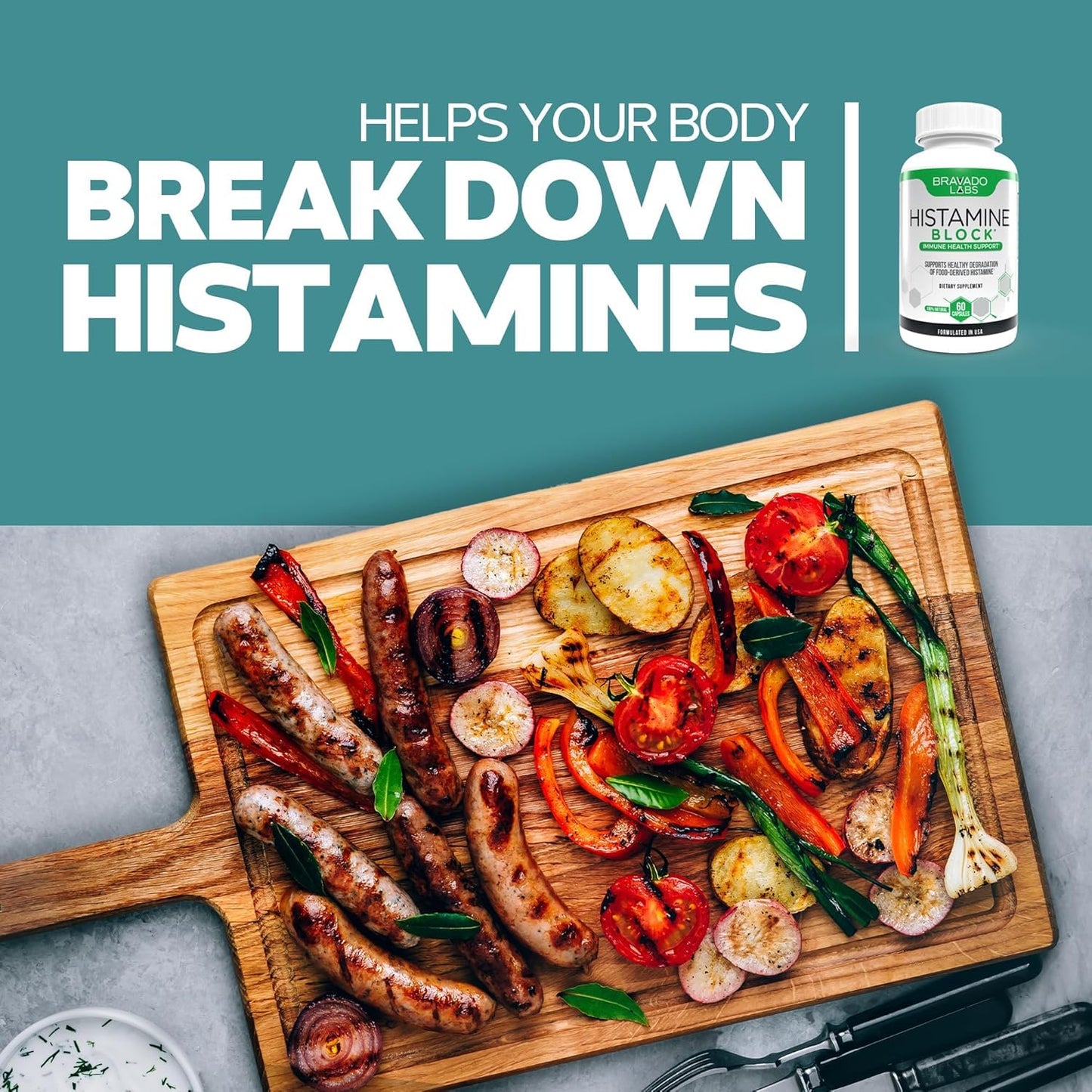 Bravado Labs Histamine Blocker – DAO Enzyme + Vitamin C, 60 Caps, Made in USA