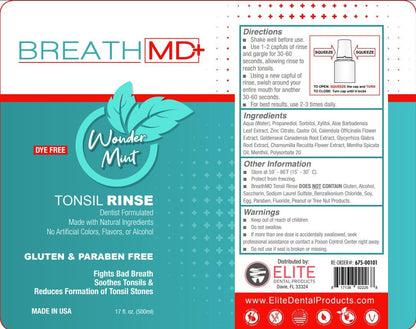 BreathMD Tonsil Rinse - Natural Tonsil Stone Remover Mouthwash - Dentist Formulated - Alcohol Free, Dye Free, Gluten Free - Wonder Mint - Made in USA