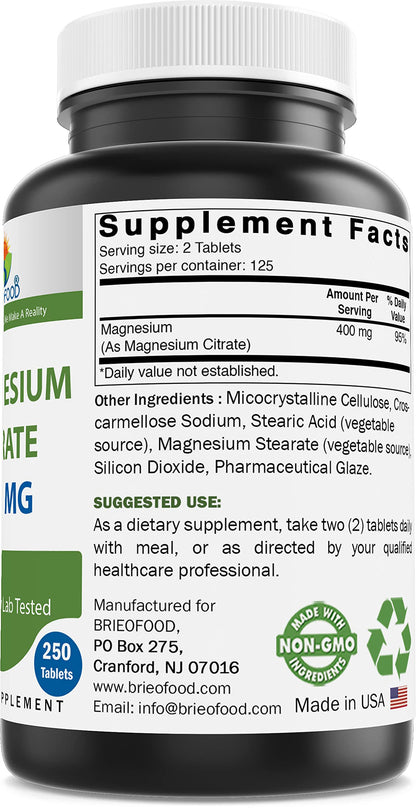 Brieofood Magnesium Citrate 400 mg (Elemental Mg) - 250 Tablets | Muscle Relaxation