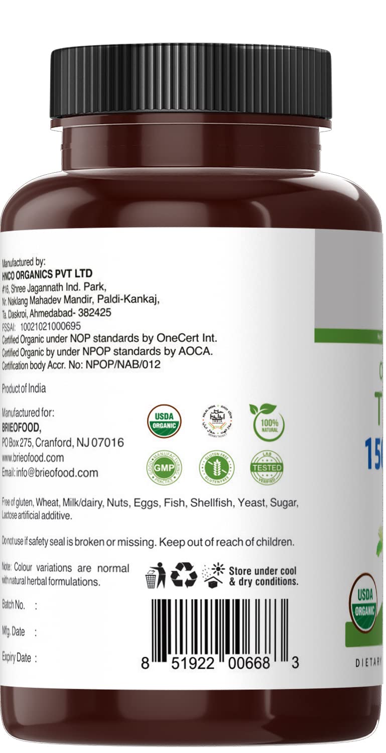 Brieofood Organic Tulsi 1500mg – 90 Vegetarian Tablets | Gluten Free, 45 Servings