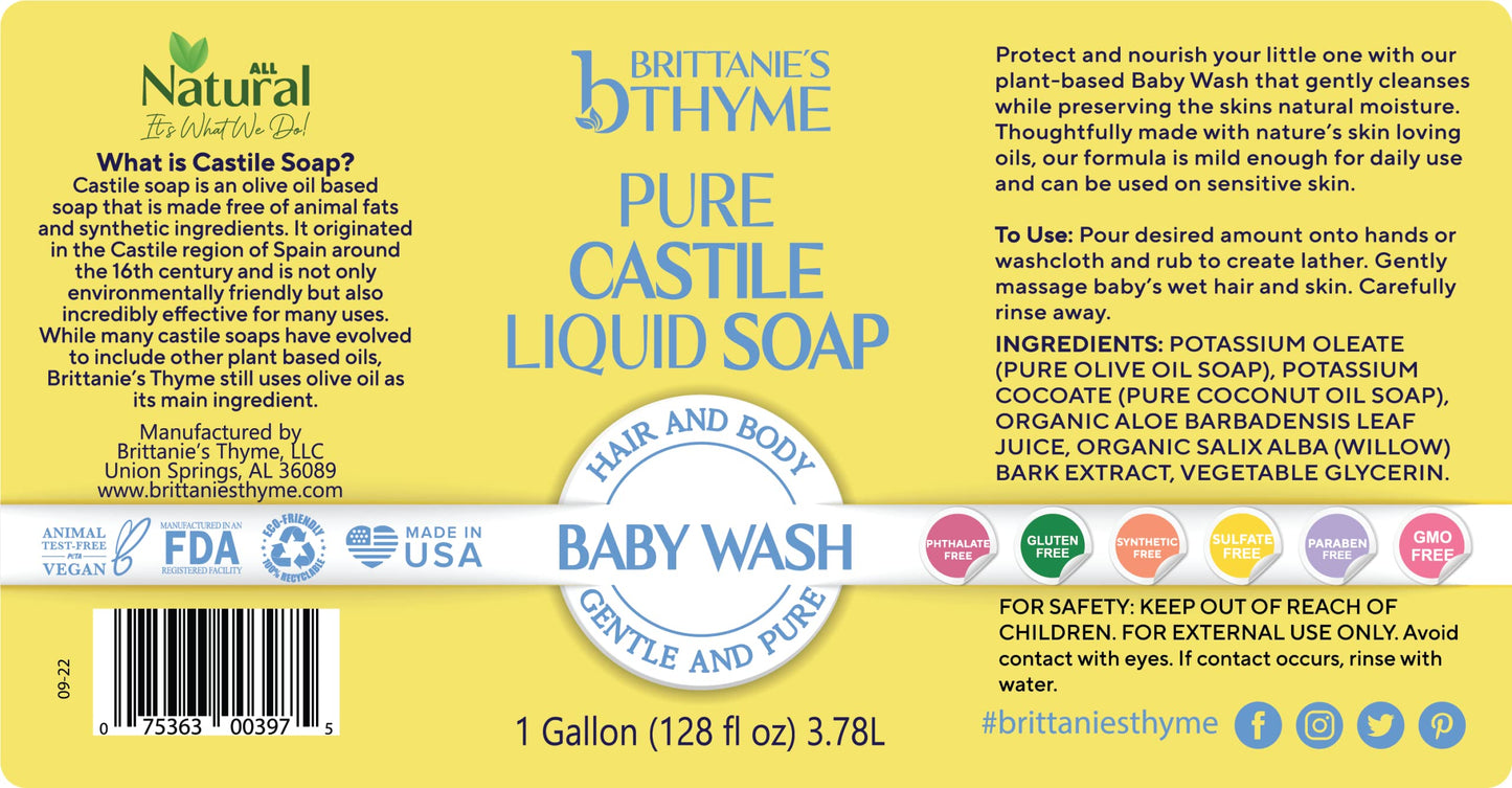 Brittanie's Pure Organic Castile Soap Refill - Olive Oil Castile (1 Gallon, Baby) | Vegan & Gluten Free Non-GMO
