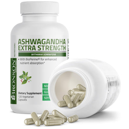 Bronson Ashwagandha Extra Strength – Stress & Mood Support with BioPerine, 120 Vegetarian Capsules
