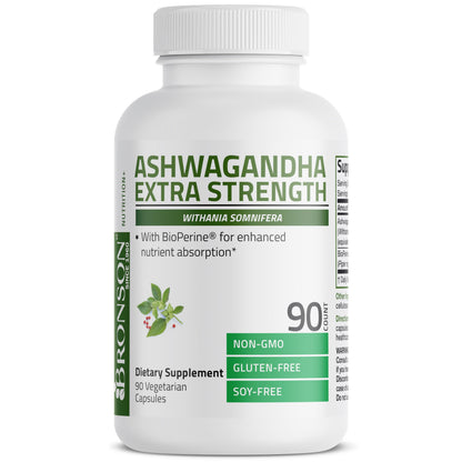 Bronson Ashwagandha Extra Strength with BioPerine | Stress & Mood Support | 90 Vegetarian Capsules | Non-GMO