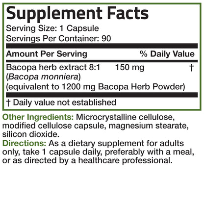 Bronson Bacopa Supports Brain Function & Mental Performance – Non-GMO, 90 Veg Capsules