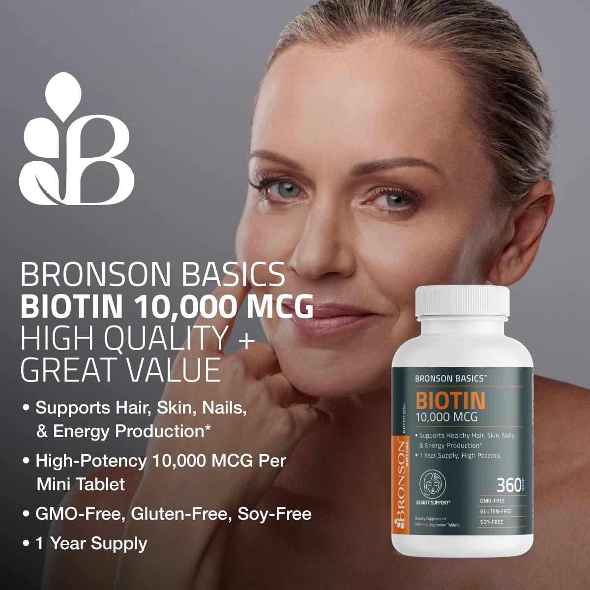 Bronson Biotin 10,000mcg | Supports Healthy Hair, Skin & Nails | Vegetarian, Non-GMO | 360 Tablets