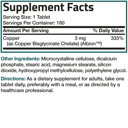 Bronson Copper Glycinate 3 mg Chelated | Non-GMO, 180 Tablets