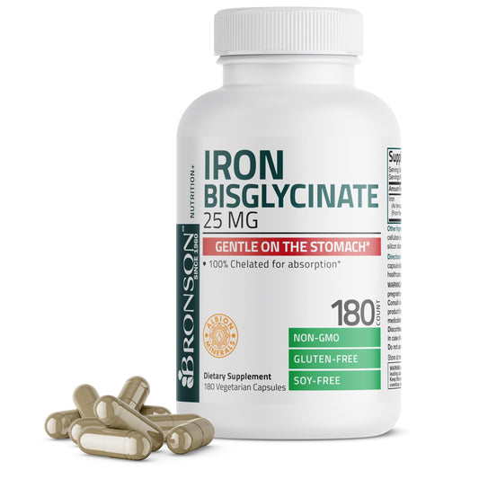 Bronson Iron Bisglycinate 25 mg – Gentle on the Stomach, Non-Constipating • 180 Vegetarian Capsules
