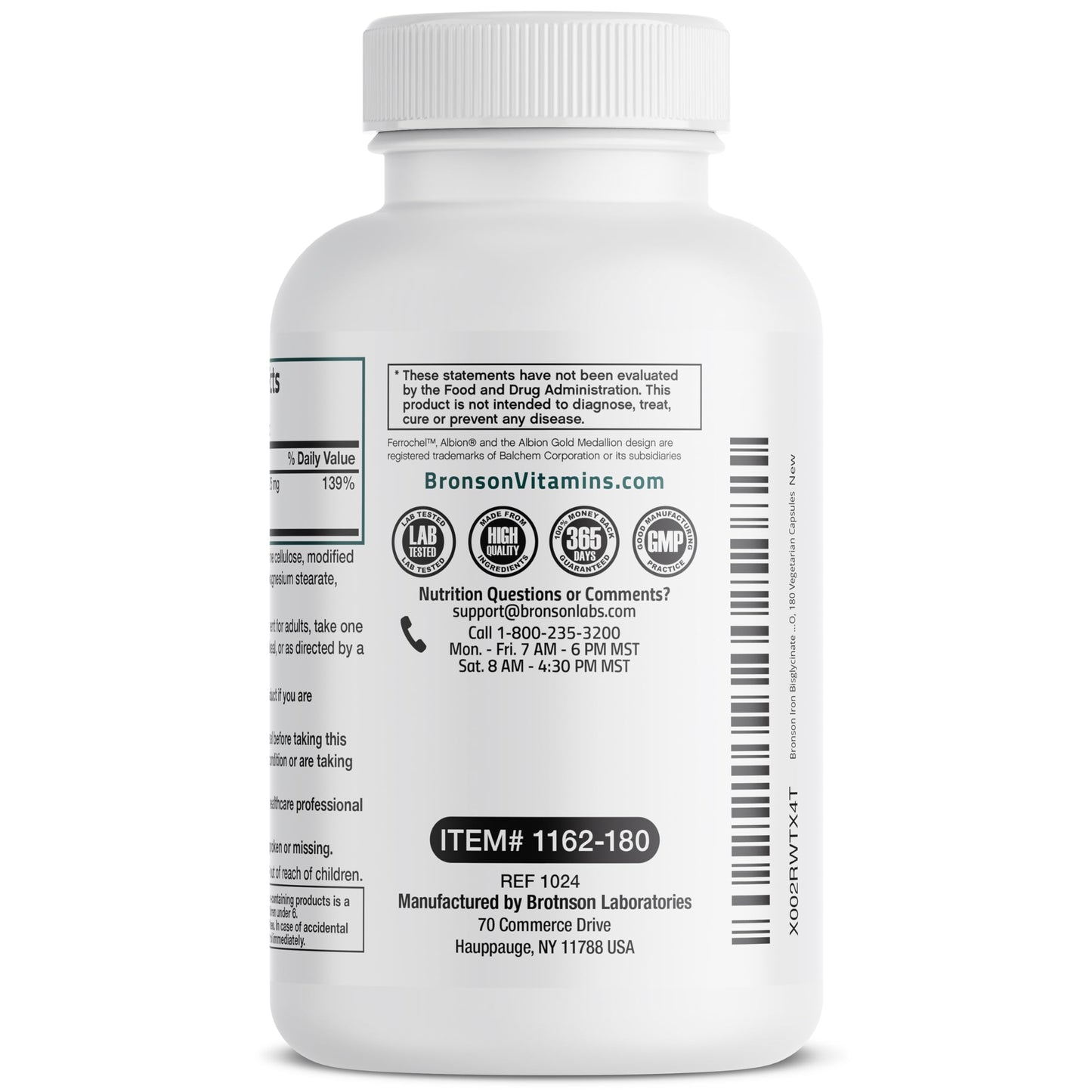 Bronson Iron Bisglycinate 25 mg – Gentle on the Stomach, Non-Constipating • 180 Vegetarian Capsules