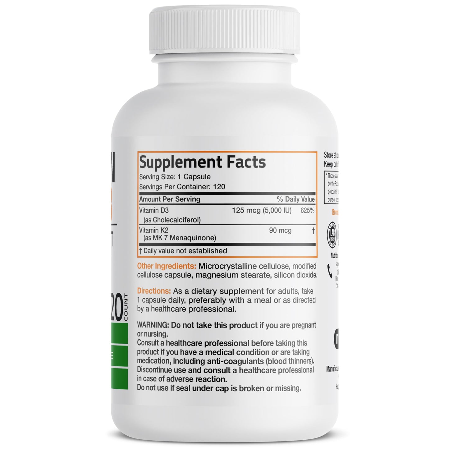 Bronson Vitamin K2 MK-7 with D3 - Non-GMO, 120 Capsules
