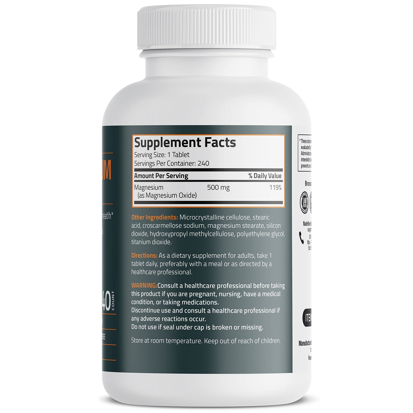 Bronson Magnesium 500 MG – Supports Bone & Muscle Health, Nervous System | Non-GMO, 240 Vegetarian Tablets