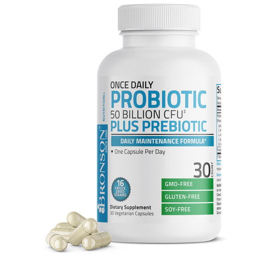 Bronson Once Daily Probiotic 50B CFU + Prebiotic, 30 Vegetarian Capsules – Non-GMO