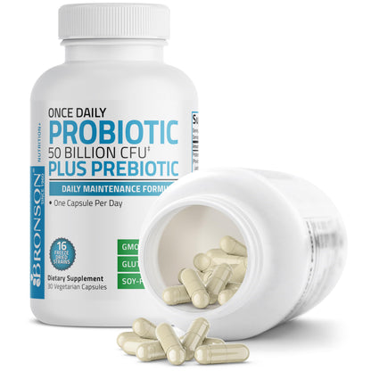 Bronson Once Daily Probiotic 50B CFU + Prebiotic, 30 Vegetarian Capsules – Non-GMO