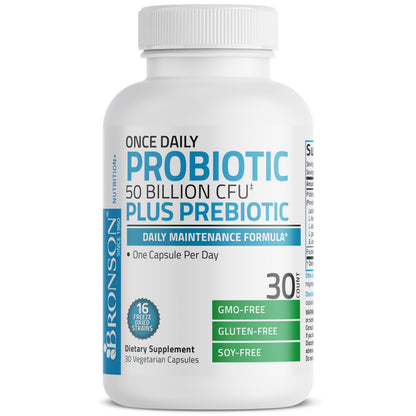 Bronson Once Daily Probiotic 50B CFU + Prebiotic, 30 Vegetarian Capsules – Non-GMO