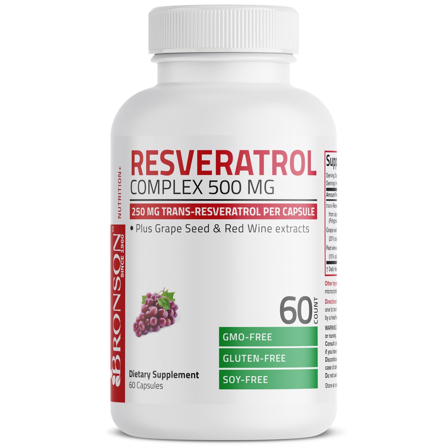 Bronson Resveratrol 500 Complex - Trans-Resveratrol + Grape Seed & Red Wine Extract, 60 Capsules