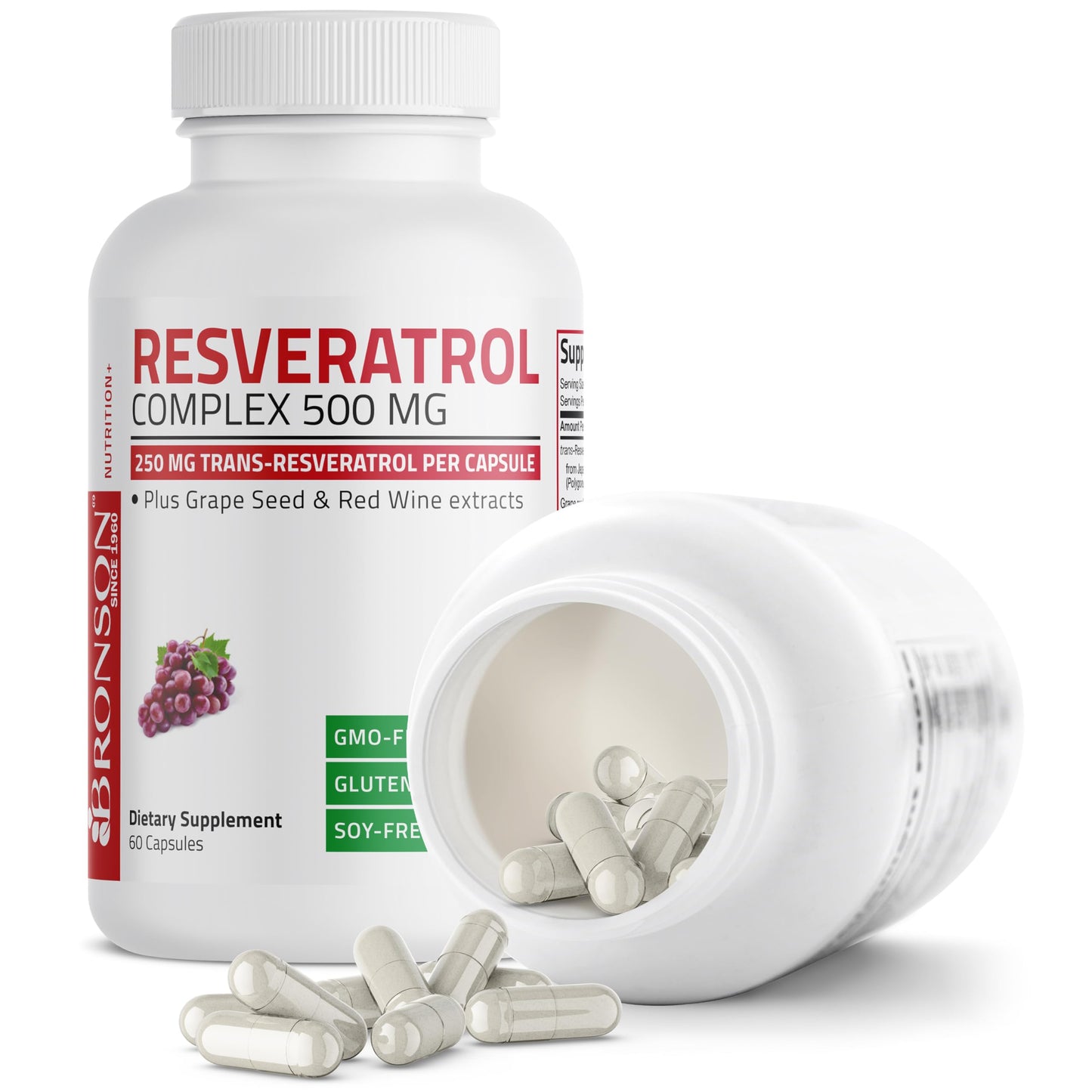 Bronson Resveratrol 500 Complex - Trans-Resveratrol + Grape Seed & Red Wine Extract, 60 Capsules