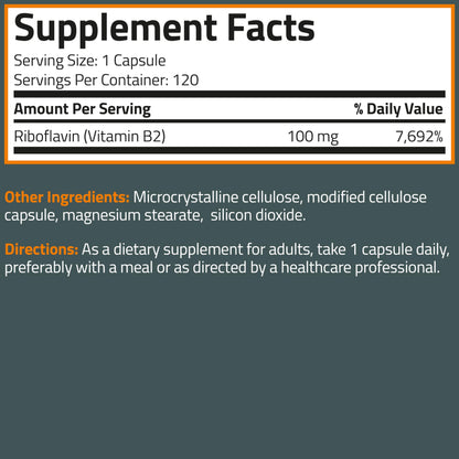 Bronson Vitamin B2 100mg Non-GMO | 120 Vegetarian Capsules