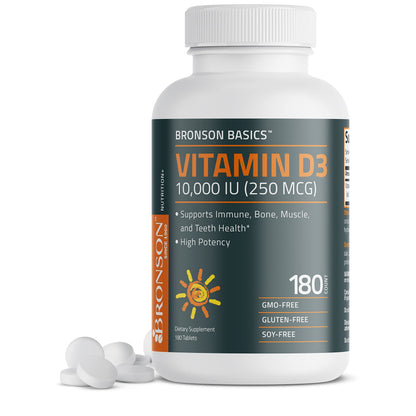 Bronson Vitamin D3 10,000 IU (250 mcg) - Immune Support, Healthy Muscles, Non-GMO, 180 Tablets